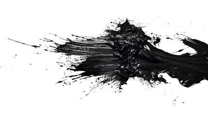 Abstract design featuring chaotic black paint splashes and brush strokes starkly isolated on white background, transparent