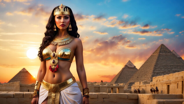 Cleopatra in front of the pyramids of Egypt