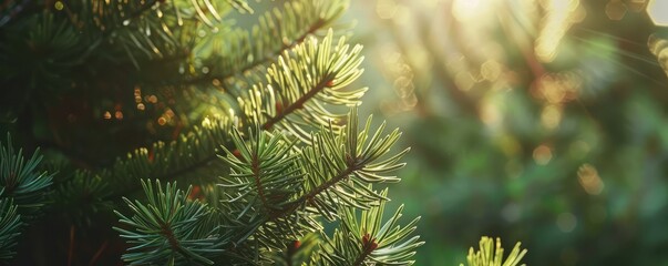 Fototapeta na wymiar Dew drops glisten on the vibrant green needles of a pine tree, illuminated by soft sunlight filtering through.