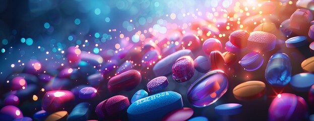 a bunch of pills floating in the air with a blurry background - obrazy, fototapety, plakaty