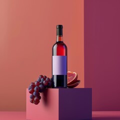 A bottle of wine on a stone podium for advertising wine, with fruits on a multi-colored background