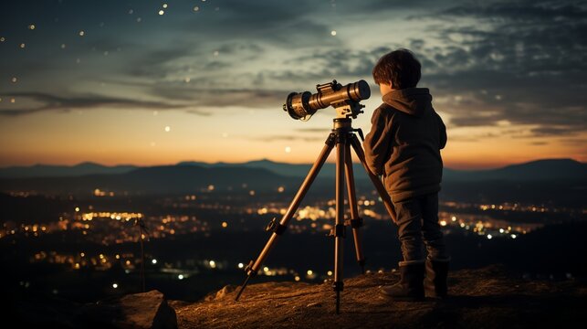 a young boy looking at a telescope on a tripod in a field at sunset