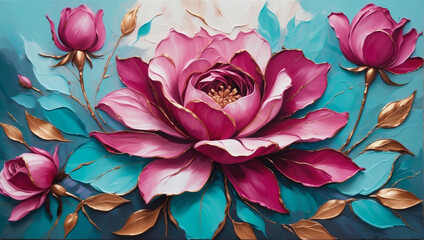 Abstract oil painting of Magenta and cyan petals, flowers with rose gold lines, using a palette knife.