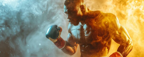 Boxer poised for a punch in fiery ambiance