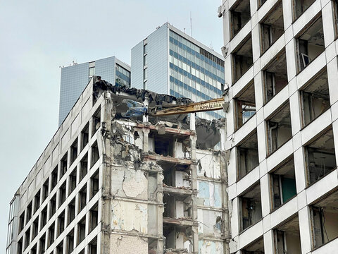 Moscow, Russia, April, 18, 2024. Demolition of the Mir Hotel in Moscow near the White House on April 18, 2024
