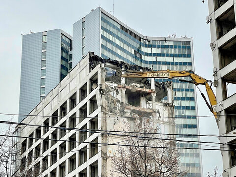 Moscow, Russia, April, 18, 2024. Demolition of the Mir Hotel in Moscow near the White House on April 18, 2024