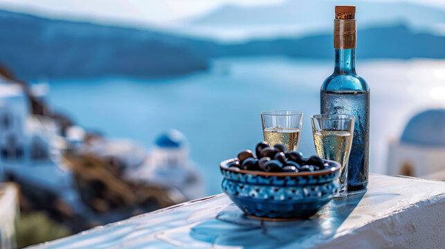 Greek aniseed drink Ouzo in a glass bottle with two shot glasses and Greek olives on a traditional ceramic dish, with a landscape of the Mediterranean coastline in the background