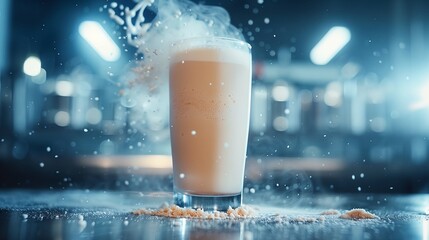 a glass of milkshake with whipped cream and nuts on the table - obrazy, fototapety, plakaty