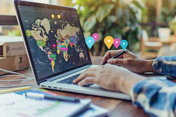 Global Business Analysis on a Laptop Screen with Colorful Location Pins