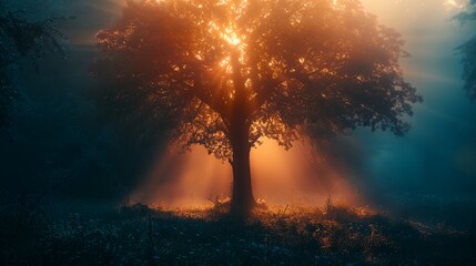 a sun shines through the leaves of a tree in the forest - obrazy, fototapety, plakaty