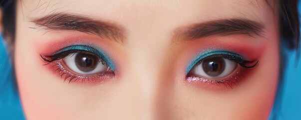 Naklejka premium close-up of a woman's eye adorned with colorful, fine glitter makeup, highlighting the details in her eye.