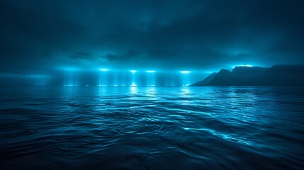 a dark blue ocean with a lot of lights in the sky above it - obrazy, fototapety, plakaty