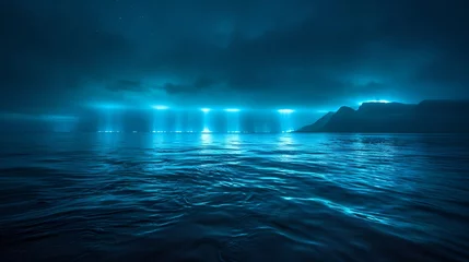Fotobehang a dark blue ocean with a lot of lights in the sky above it © progressman