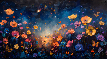 Fototapeta na wymiar Midnight Garden Symphony: Oil Painting Brings to Life a Celestial Floral Haven