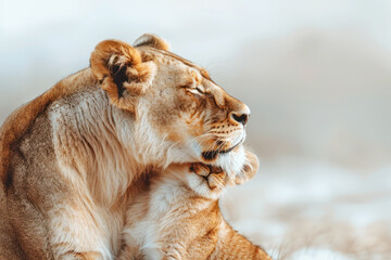 A mother lioness affectionately nuzzles her cub, embodying warmth and mother's love. 