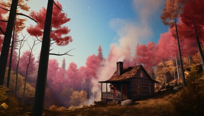 A small wooden cabin in the middle of a beautiful forest with red trees.
