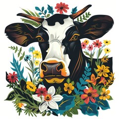 Logo for milk. A painted cow among flowers.