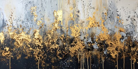 The abstract picture of the gold, grey and black colour that has been painted or splashed on the white blank background wallpaper to form random shape that cannot be describe yet beautiful. AIGX01.