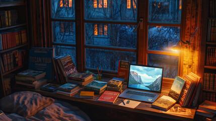 Cozy Home Office Setup with Books and Laptop During Evening
