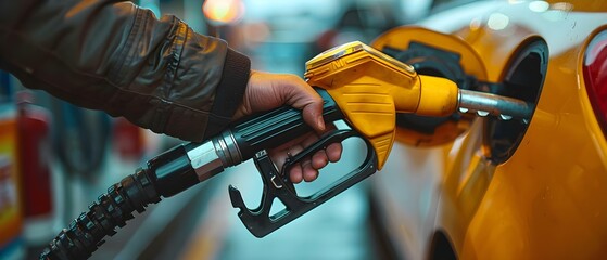 Focusing on a Farmer's Hand Holding a Fuel Nozzle at Gas Station. Concept Agriculture, Energy, Fuel, Farming, Sustainability