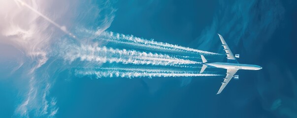 Clear, crisp image of an airplane high in the sky, leaving a long contrail behind, set against a deep blue.