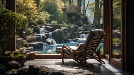 Fototapeta na wymiar a chair sitting on a deck in front of a waterfall