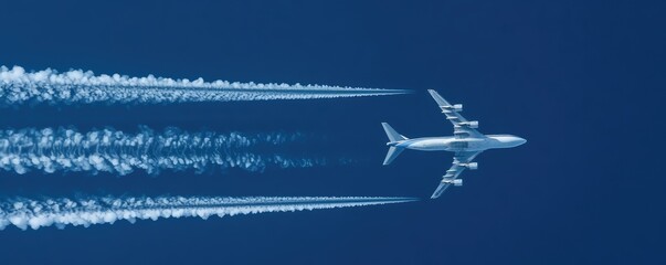 Clear, crisp image of an airplane high in the sky, leaving a long contrail behind, set against a deep blue. - obrazy, fototapety, plakaty