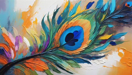 Abstract oil painting, colorful peacock feather design created with textured palette knife strokes.