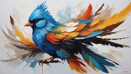 Abstract oil painting, dynamic bird plumage portrayed using palette knife techniques.