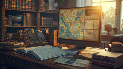 Sunlit Vintage Home Office with Antique Books and World Map on Display