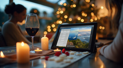Romantic Evening with Wine, Laptop, and Candlelight Against Bokeh Lights Background