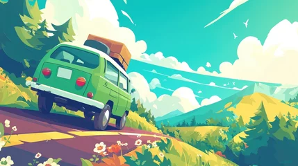 Foto auf Alu-Dibond An animated flat cartoon car cruising through a lush green landscape bringing to life the essence of summer travels © AkuAku