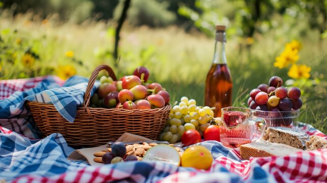a picnic blanket and a basket of fruit and bread