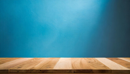 Empty wooden table. Mock up for product display. Blue background.
