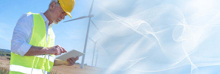 Engineer using digital tablet for wind turbine inspection; panoramic banner