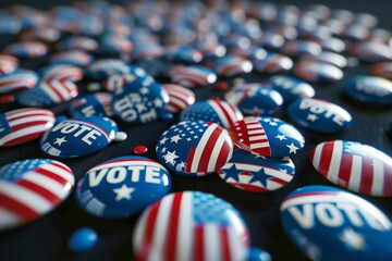 A group of "VOTE" and USA flag buttons on a black background with copy space Generative AI