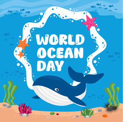 World Ocean Day square social media banner poster with whale, algae, fish, coral, sea urchin and starfish