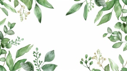 Fresh green leaves and branches on white background, watercolor hand drawn illustration