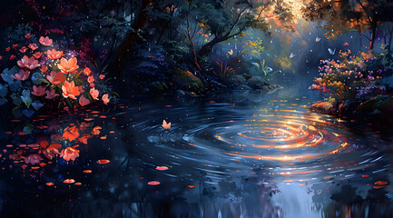 Whispers of Rain: Luminous Ripples and Glowing Flora in a Mystical Garden Shower