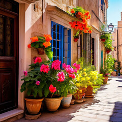 Pots with colorful flowers blooming in front of the windows in the narrow streets of the old city.