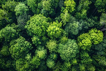 Naklejka premium Experience a drone's eye view of a verdant forest teeming with green trees, showcasing abundant foliage capturing CO2