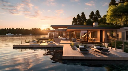 Luxury villa on the lake at sunset, panorama