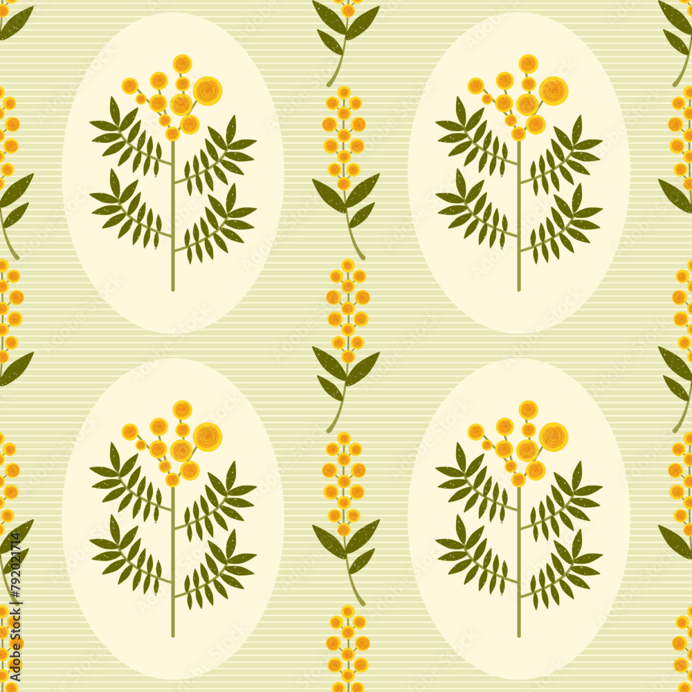 Sticker symmetrical floral vector seamless pattern. stylized yellow mimosa flowers and leaves on green backg