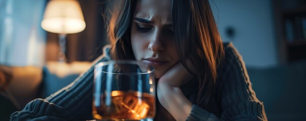 young woman holds a glass of whisky, capturing a moment of solitude.