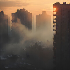 Fog in the middle of the city with tall buildings. Mystical scene.