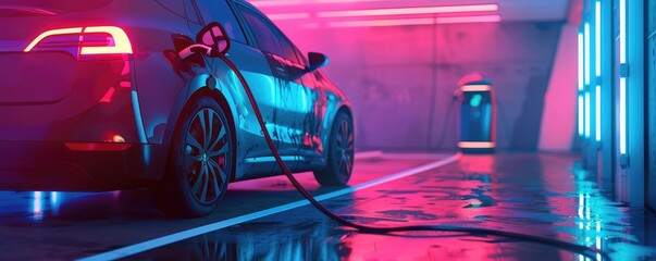 An electric car gets powered up at a charging station at night, surrounded by futuristic neon lights. - obrazy, fototapety, plakaty