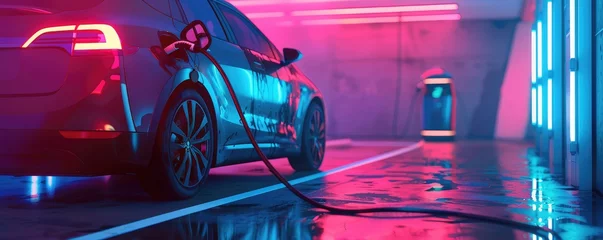 Foto op Canvas An electric car gets powered up at a charging station at night, surrounded by futuristic neon lights. © amazingfotommm