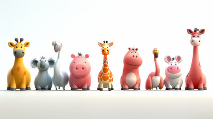 Group of cute cartoon safari animals standing together against a white background.

