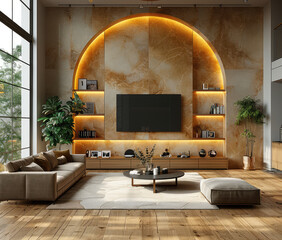 A realistic photo of an arched curved modern wall with shelves and lighting around the TV, in front is a sofa with a coffee table. The room has a wooden floor. Created with Ai