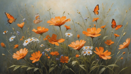 Beautiful wildflowers and delicate orange butterflies portrayed with oil paints.